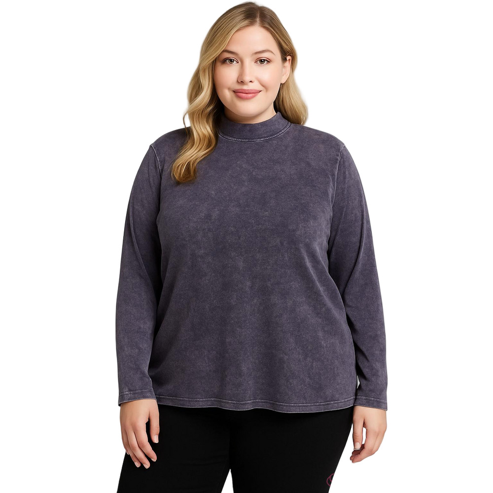 Zenana Mineral Wash Mock Neck Long Sleeve Top Purple Gray Plus Size 3X